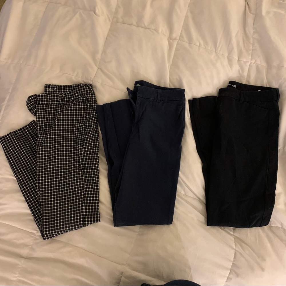 Navy, black, and plaid pants - 3 pairs